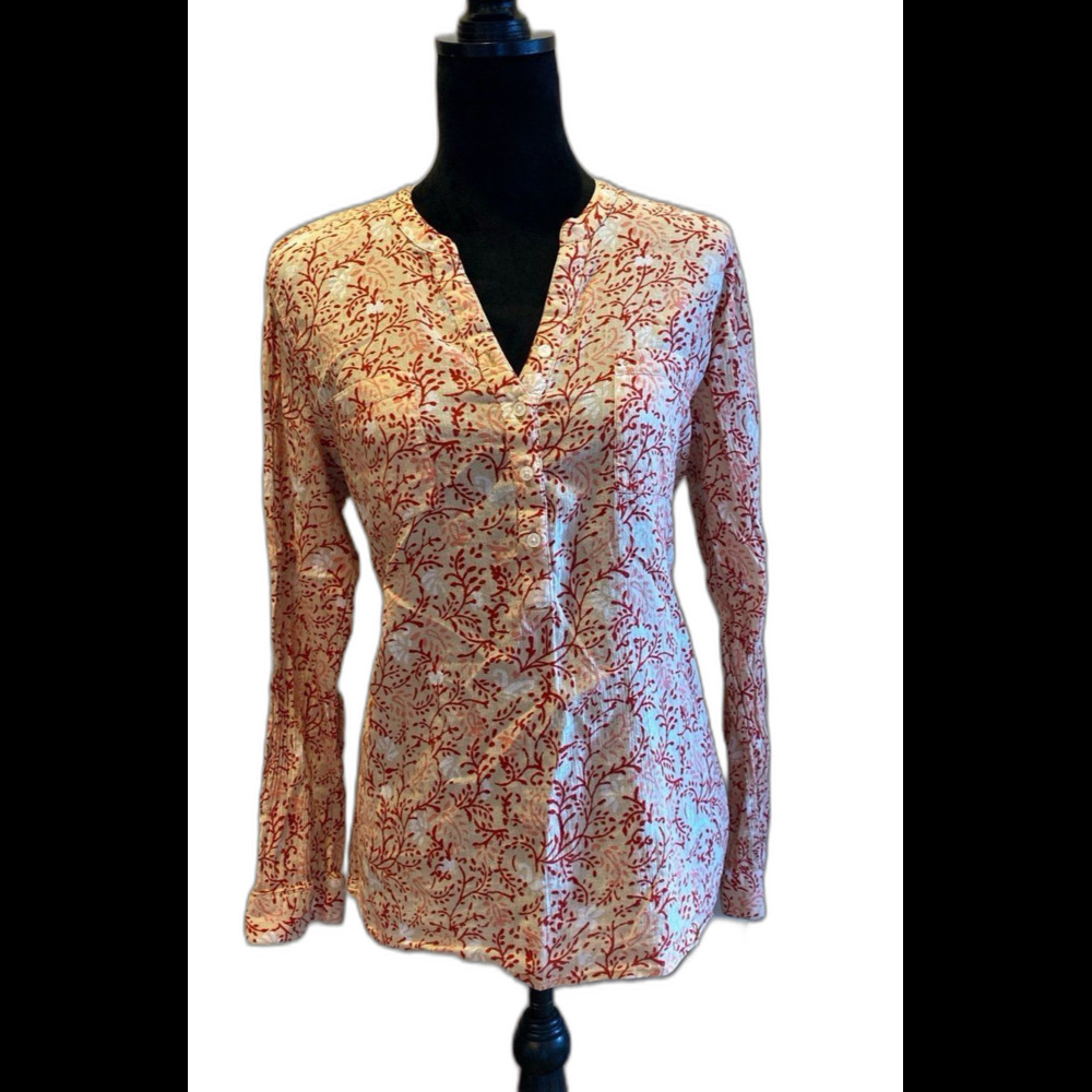 Old Navy Blouse Size Medium‎ Top Orange Red Long Sleeve V Neck Textured Cotton